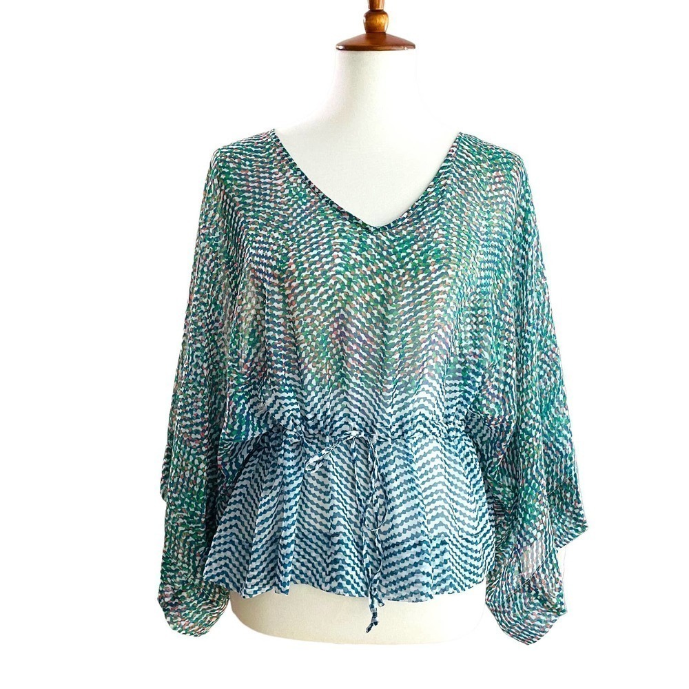 Cabi Women's Flowy Multicolor V-Neck Kimono Sleeve Sheer Blouse Size Small